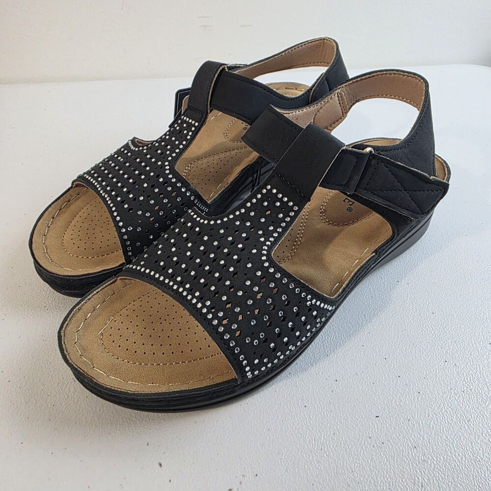 Cherokee Black Rhinestone Open Toe Adjustable Strap Sandals Women's 10 New Nwt